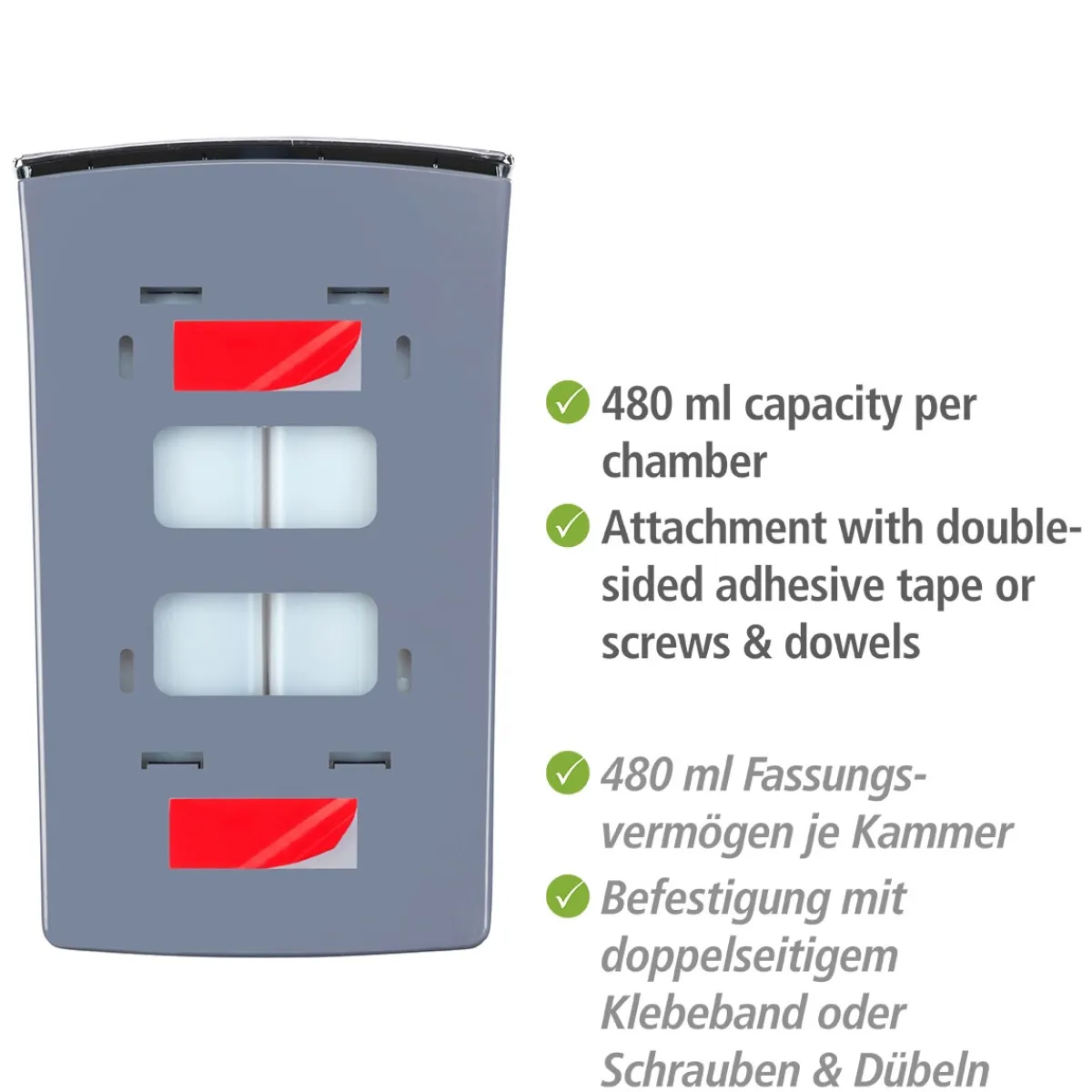 2-Kammer Desinfektionsmittel- und Seifenspender Tartas Weiß Seifen-Dosierer und Desinfektionsspender Füllmenge je Kammer 480 ml^Wenko Discount