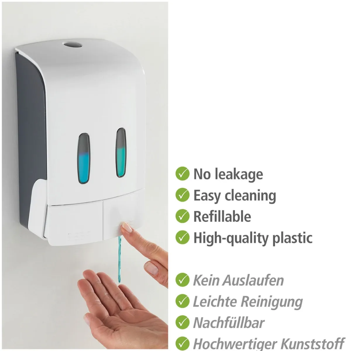 2-Kammer Desinfektionsmittel- und Seifenspender Tartas Weiß Seifen-Dosierer und Desinfektionsspender Füllmenge je Kammer 480 ml^Wenko Discount