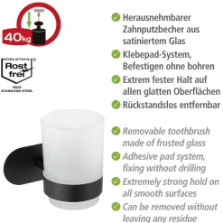 Turbo-Loc Edelstahl Zahnputzbecherhalter Uno Orea Black Matt Zahnbürstenhalter Befestigen ohne bohren*Wenko