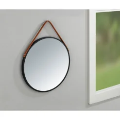 Wenko Wandspiegel Borrone rund 40 cm schwarz mit Aufhänge-Gurt
